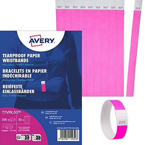 Produktverpackung für pinke, reißfeste Einlassbänder aus Tyvek von Avery mit Produktabbildung.
