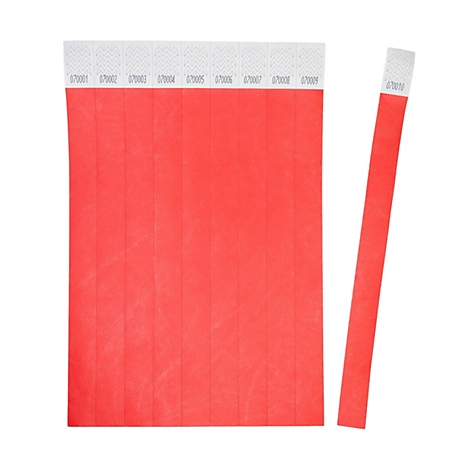 Plusieurs bracelets d'identification rouges avec une numérotation séquentielle sur fond blanc.