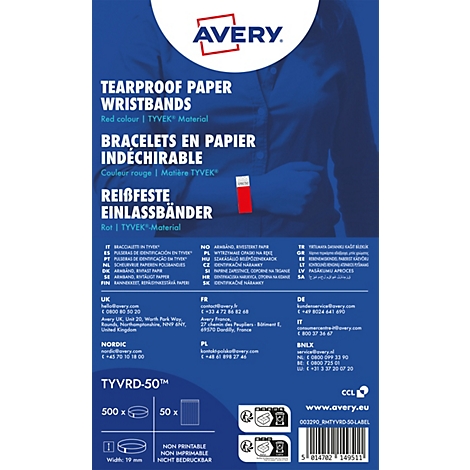 Blaue Produktverpackung für Avery Tyvek-Einlassbänder in Rot mit Herstellerlogo und Produktinformationen.
