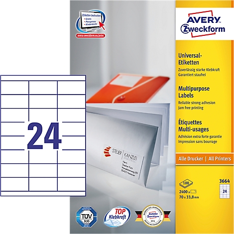 Ein Etikettenpaket der Marke Avery Zweckform mit 24 Etiketten auf weißem Hintergrund. Daneben sind 24 Etiketten als Beispiel abgebildet.