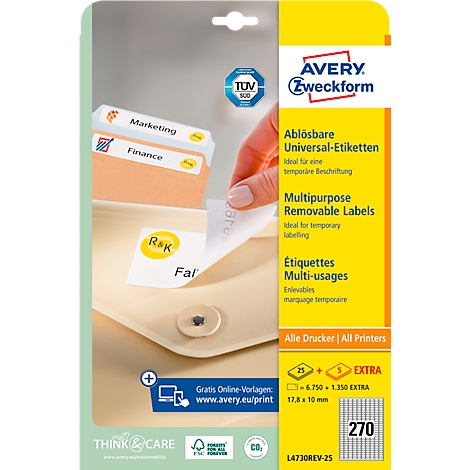 A hand peeling off a yellow and black label. Behind it labels with the prints Marketing and Finance. Packaging from Avery Zweckform.