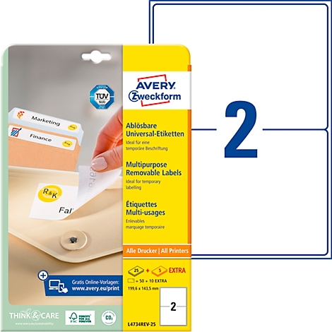Avery Zweckform label package. Yellow background with product image and blue "2".