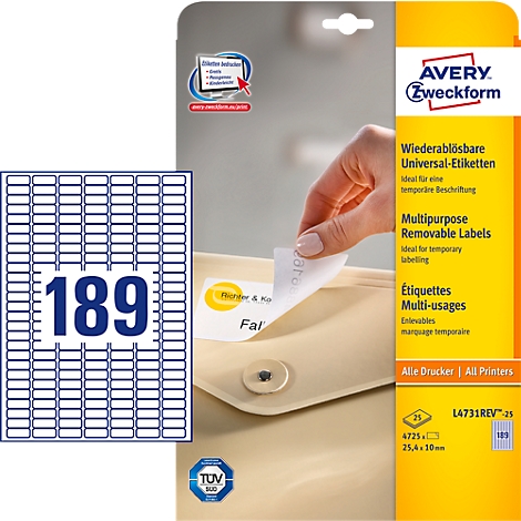 A person is peeling a label from a sheet. In the foreground: Label sheet with the number 189, right: Avery Zweckform product packaging.