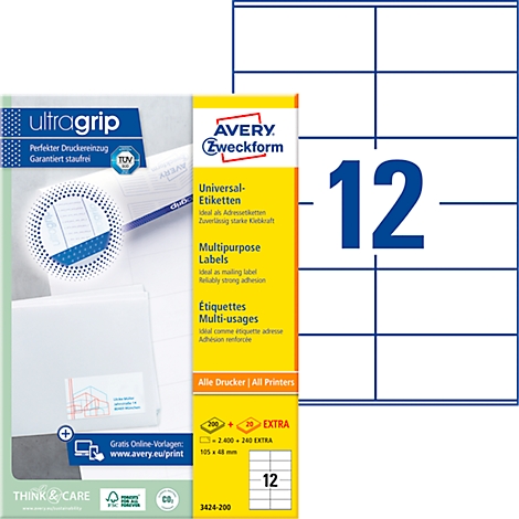 A pack of Avery Zweckform universal labels with 12 labels per sheet.