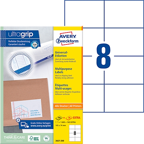 A package of Avery Zweckform universal labels and label sheets with the number 8.