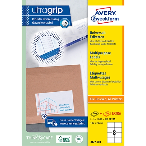 Package of Avery Zweckform universal labels, white paper, on a brown background with product names and specifications.