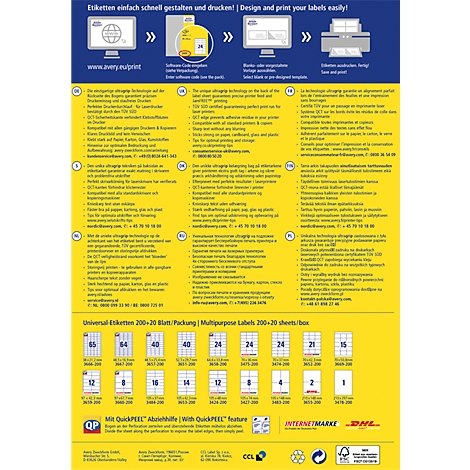 Avery Zweckform advertisement flyer. The flyer shows a step-by-step guide on how to design and print labels with the company. Various label sizes are depicted.