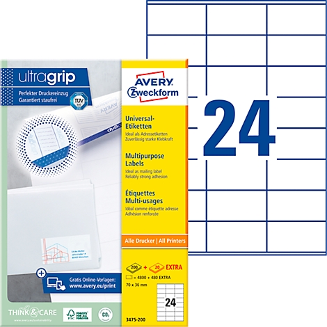 A product photo featuring Avery Zweckform labels. Both the packaging and the labels themselves are visible in the image, marked with the number 24.