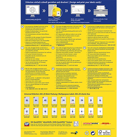 Yellow and blue poster with label products, text, and symbols. Top: row of icons showing the labeling process. Bottom: listing various label formats.