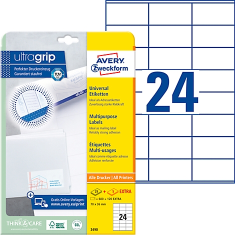 Packaging with 24 white labels, next to a sheet with the same labels. Print: Avery Zweckform, ultragrip, universal labels.