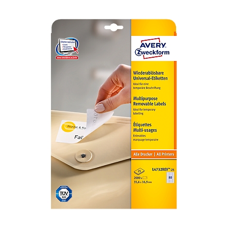 Hand places a label on a cream-colored folder. The package says: Multipurpose Removable Labels.