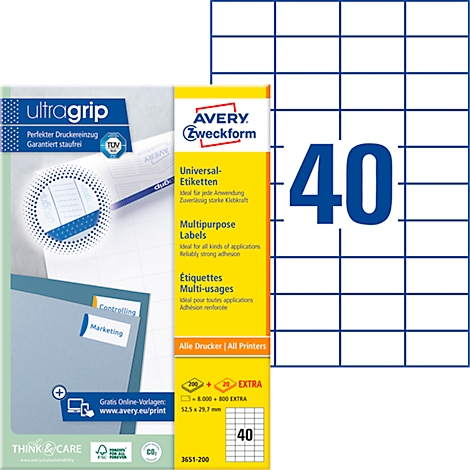 Pack of 40 Avery Zweckform universal labels, plus a block of labels and text, including 'ultragrip' and 'Marketing'.