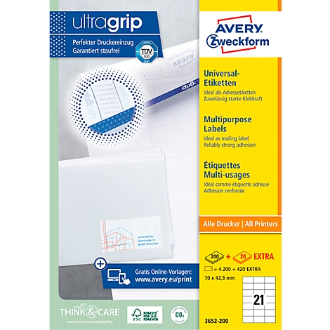 A pack of white universal labels with text. Blue at the top: ultragrip. Yellow on the right: Avery Zweckform, text.