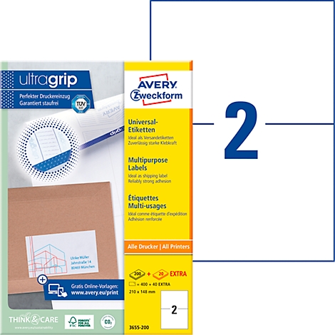 Product image of Avery Zweckform universal labels. Package with labels, printed text, "ultragrip".