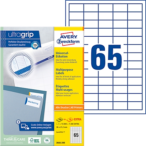 A pack of Avery Zweckform labels with the number '65' printed on it. Next to it, a sheet of labels. Text: 'Universal Labels', 'Multipurpose Labels'.