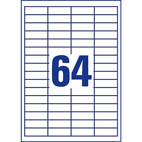 A rectangular sheet of stickers, divided into 64 rectangular fields by blue lines. In the middle, the number 64 is written in large, bold, blue letters.