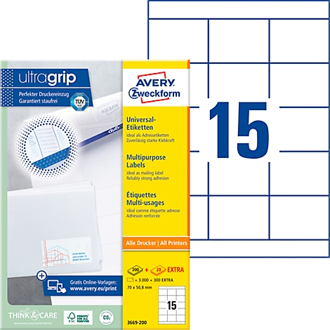 A pack of labels from Avery Zweckform next to a sheet of labels. The packaging says 'Universal-Labels' and 'ultragrip'.