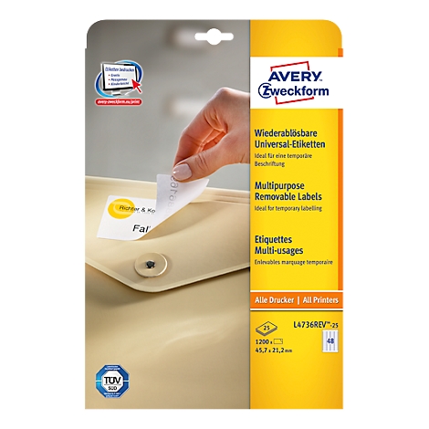 A hand applies a white label with a print on a cream-colored folder. Right: yellow product packaging with text and logo.