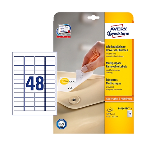 Product image shows Avery Zweckform labels. A hand is sticking one of the stickers onto a light-colored envelope. On the right is a package with product information.