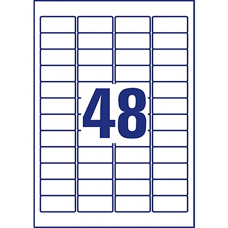 White sheet with 48 rectangular stickers. In the middle is the number 48 in blue.