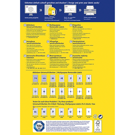 Yellow background with product overview labels, text in different languages. Icons and text for label creation are at the top.