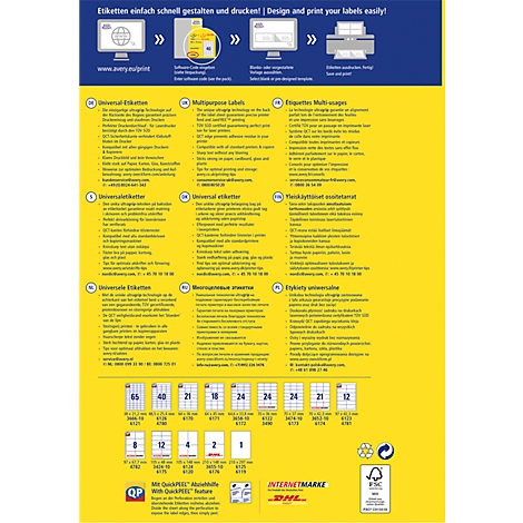 Yellow background with product information and labels. Top: Title with slogan. Bottom: Label examples and logos.