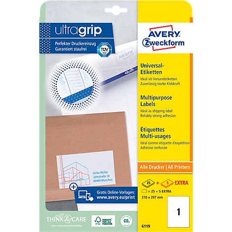 Avery Zweckform product packaging with labels. The packaging shows a brown envelope with an address label attached.