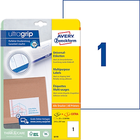 Package of universal labels from the brand Avery Zweckform. Labels are white, the packaging has a yellow and blue color scheme.