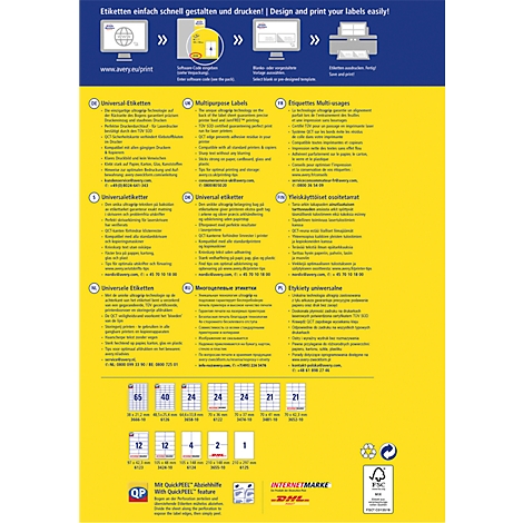 Yellow background with text and symbols on label design and printing. Label formats are shown at the bottom.
