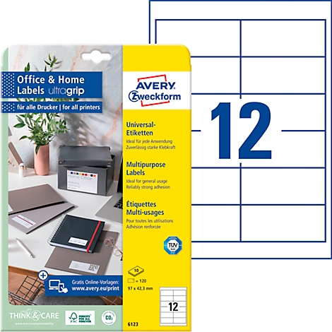 Label package with 12 labels, product image on the left, 12 blank labels on the right. Text: Avery Zweckform, Universal Labels, Multipurpose Labels.