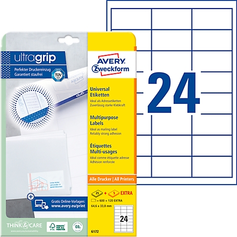 Packaging with white labels and the inscription 'Avery Zweckform'. Next to it a block of 24 labels.