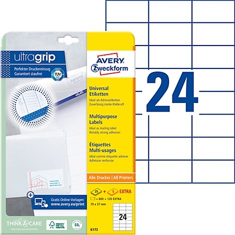 Package of Avery Zweckform universal labels, printed 24, white with blue lines.