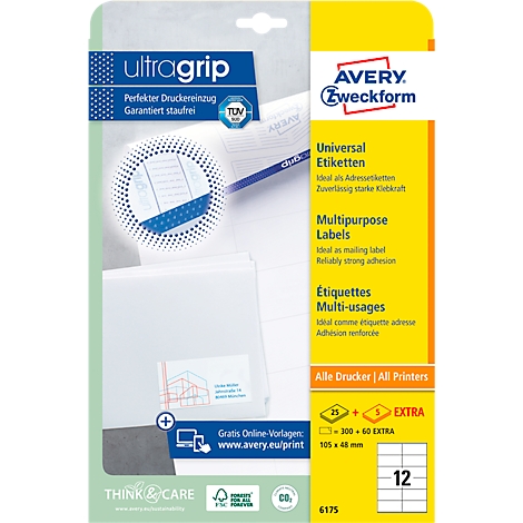 Packaging of Avery Zweckform universal labels. Print: Ultragrip, Multipurpose Labels, Labels, 12 labels.