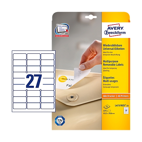 Label pack with 27 labels next to it, a label is being stuck on an envelope.