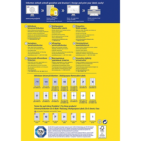 Yellow and blue poster with text and product illustrations. The top says "Design and print your labels easily".