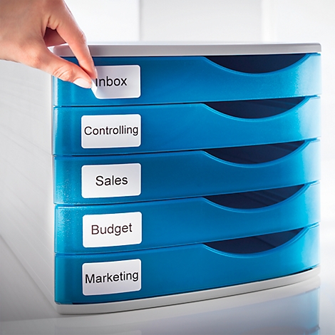 Hand adding an "Inbox" label to a blue drawer box. Other labels: Controlling, Sales, Budget, Marketing.