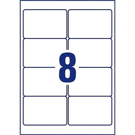 A white sheet with eight rectangular labels framed by blue lines. In the middle is a blue number 8.
