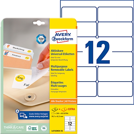 A pack of Avery Zweckform labels, next to a sheet of 12 blank labels.