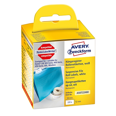 Yellow box with the white text 'AVERY Zweckform' and 'Hanging file'. Below, a roll of labels.