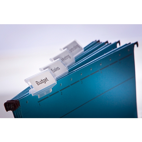 Hanging file folder with labels 'Budget', 'Sales', 'Marketing' and 'Branding'. The folder is blue.