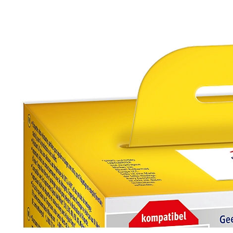 Yellow packaging with handle. The word 'compatible' is highlighted in red.