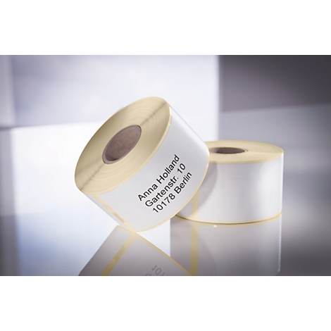 Two rolls of white address labels. One reads the name and address of "Anna Holland."