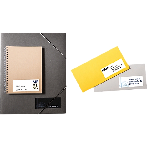 Notebook and envelopes: Brown, yellow, gray. Texts: Meeting, Offer, Julia Schmidt, Helip, Martin Müller.