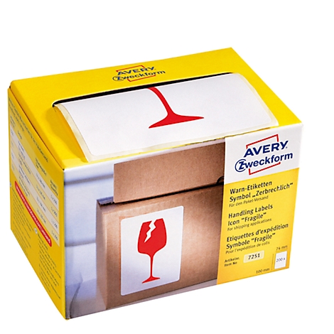 Yellow box with Avery Zweckform labels. A broken glass symbol is visible on the box and labels, next to it is written "Fragile".