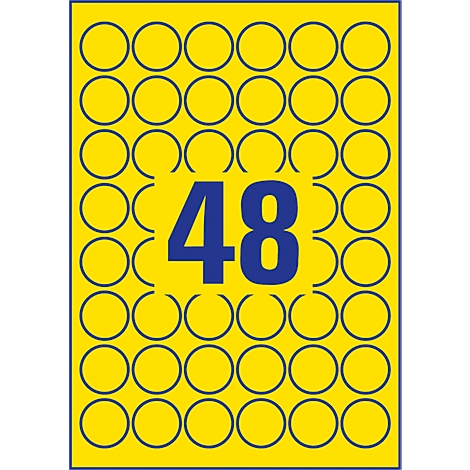 Yellow label with 48 blue circles and the number 48 in blue.