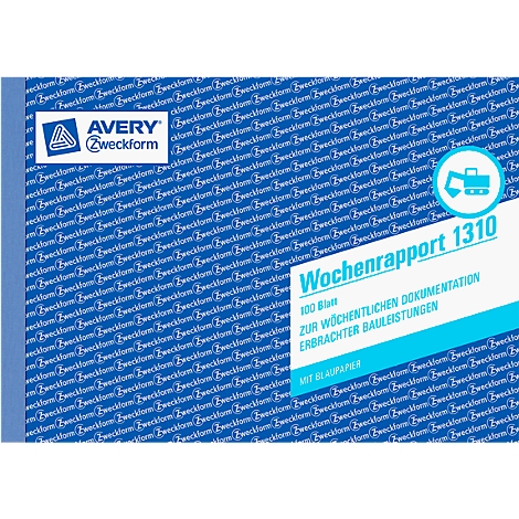 A white sheet with the Avery Zweckform logo and the words Wochenrapport 1310. The background is blue.