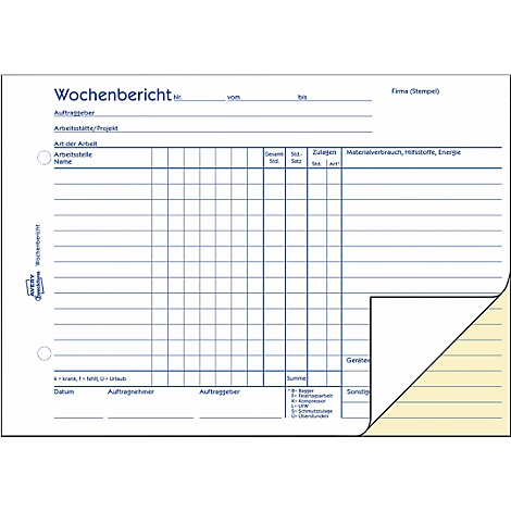 A weekly report with a blue grid and a yellow corner. Headline: Weekly report.