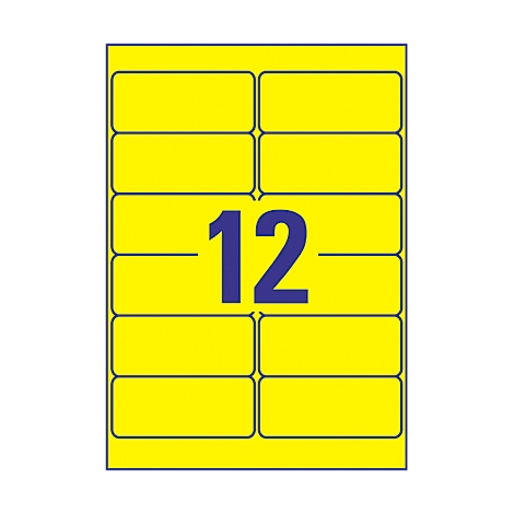 Gelbes Etikettenblatt mit 12 vorgedruckten Etiketten und blauer Nummer 12.