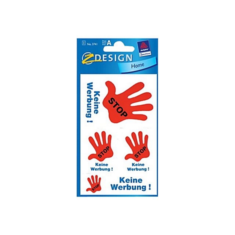 Aufkleber mit roten Handabdrücken und dem Wort "STOP". Text "Keine Werbung" und Logo.