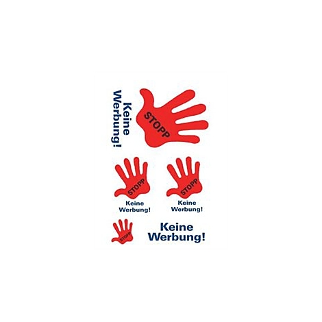 Rote Hände mit "Stopp" und "Keine Werbung!".